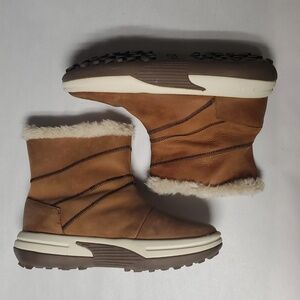Lands' End Brown Leather Ankle Winter Boots Size 6.5 B Womens Faux Fur